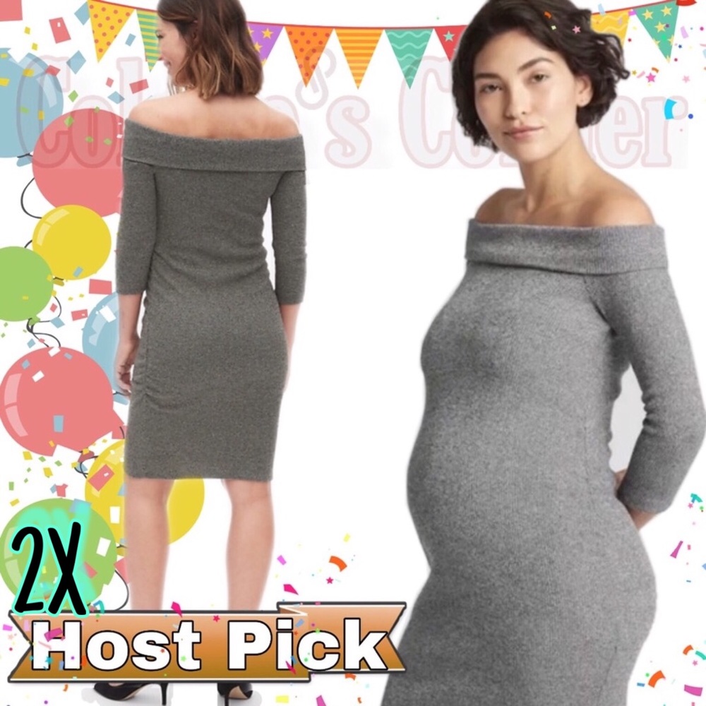 Gap Maternity Ribbed Gray Softspun Off-Shoulder Knit Midi Sweater Dress